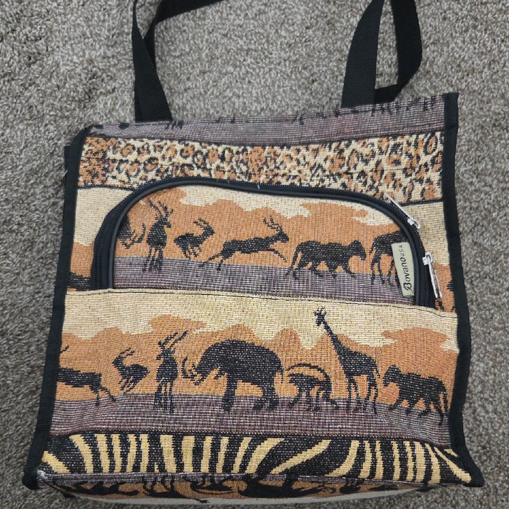 Bovano African Safari Tapestry Tote Bag in Tan and Black